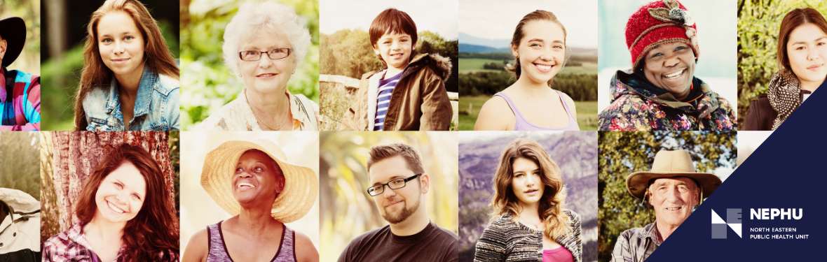 Collage of a diversity of people as headshots with the NEPHU logo in the corner